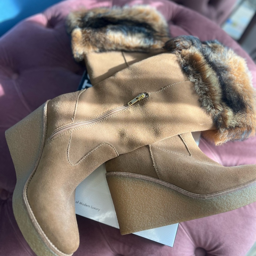 UGG Tan Wedge Boots with Fur Trim